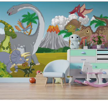 Mural infantil pared de dinosaurios y volcán - TenVinilo