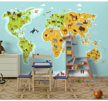 Mural infantil mapamundi con animales - TenVinilo