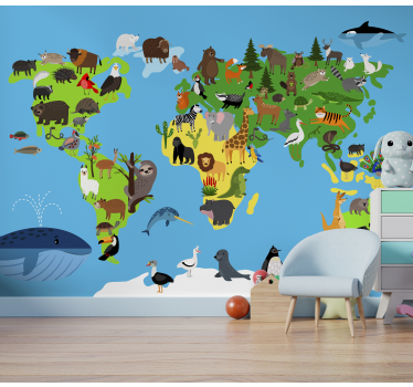 Mural mapaundi minimalista de animales - TenVinilo