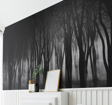 Mural paisaje bosque de niebla blanco y negro - TenVinilo