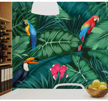 Mural para comedor aves y flores tropicales - TenVinilo