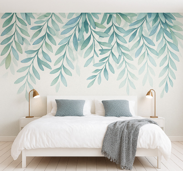 Mural para dormitorio juvenil elegantes hojas de acuarela - TenVinilo