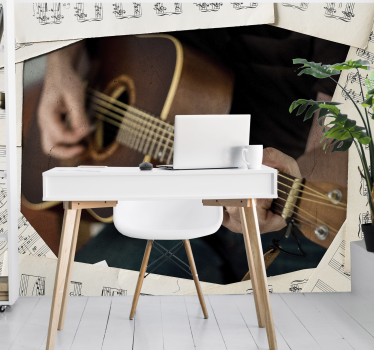Mural para dormitorio juvenil guitarra y partituras - TenVinilo