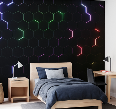 Mural para dormitorio juvenil hexágonos 3d de neón - TenVinilo