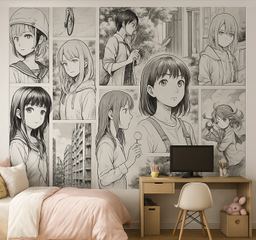 Mural para dormitorio juvenil manga en blanco y negro - TenVinilo