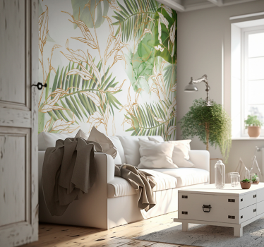 Papel pintado dormitorio hojas de palma elegantes - TenVinilo