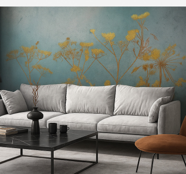 Mural pared salón diseño de flores doradas - TenVinilo