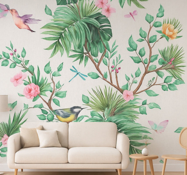 Mural pared salón diseño de jardín tropical - TenVinilo