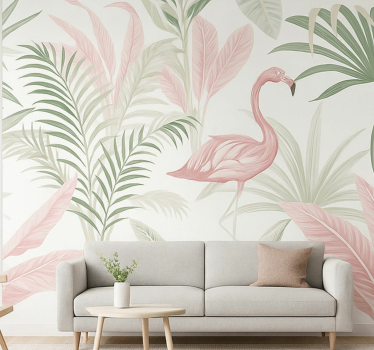 Mural pared salón oasis tropical de flamencos - TenVinilo