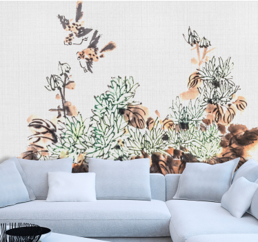 Papel pintado salón pájaros entre el follaje - TenVinilo