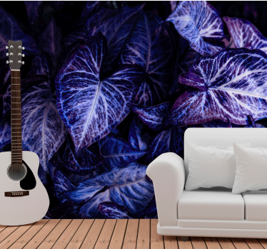 Mural pared salón patrones de hojas moradas - TenVinilo