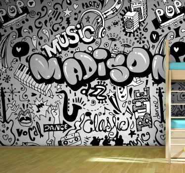 Mural habitación juvenil nombre con tema de música genial - TenVinilo