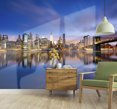 Mural pared dormitorio de New York río Este al atardecer - TenVinilo