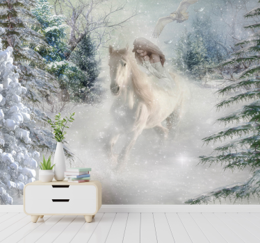 Mural infantil pared fantasía caballo galopando en nieve - TenVinilo