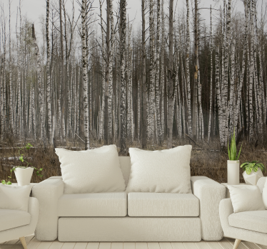 Papel pintado paisaje bosque de abedul gris - TenVinilo