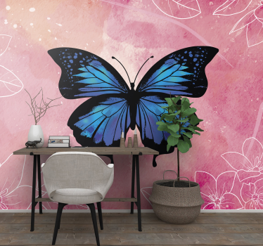 Papel mural rosa con mariposa elegante azul - TenVinilo