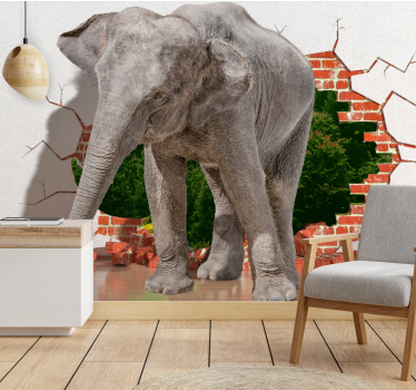 Papel pintado 3d elefante rompiendo pared - TenVinilo