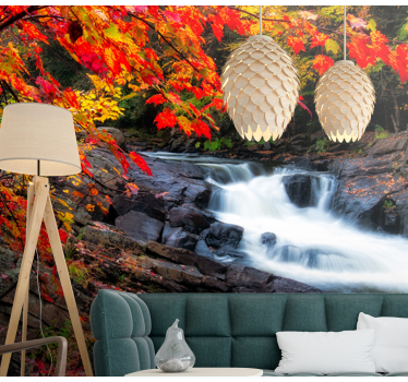 Papel pintado bosque paisaje de cascada en otoño - TenVinilo