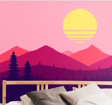 Papel pintado paisaje atardecer pixelado en montañas - TenVinilo