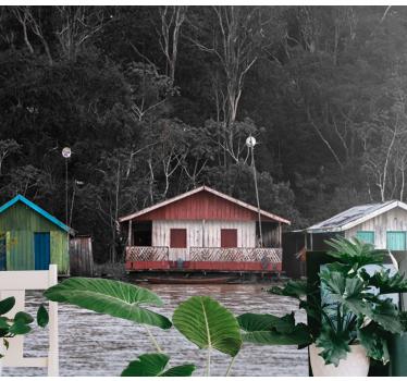 Papel pintado paisaje casas de río de colores - TenVinilo