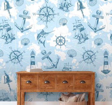 Papel pintado paisaje elementos de aventura marina - TenVinilo