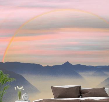 Papel pintado paisaje escena arcoíris en la montaña - TenVinilo