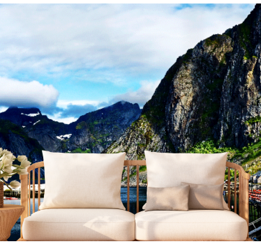 Papel pintado paisaje escena costera montañosa - TenVinilo