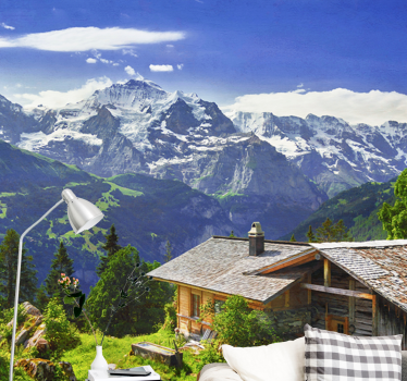 Papel pintado paisaje escena de refugio en montaña - TenVinilo