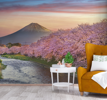 Papel pintado paisaje flores de cerezo del monte fuji - TenVinilo