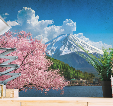 Papel pintado paisaje montañas y cerezos en flor - TenVinilo