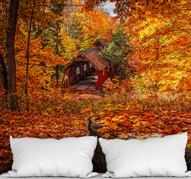 Papel pintado paisaje puente cubierto en otoño - TenVinilo