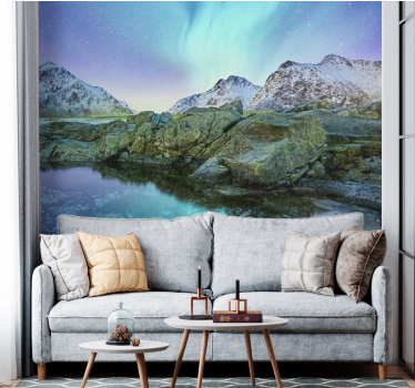 Papel pintado paisaje reflejo de auroras boreales - TenVinilo
