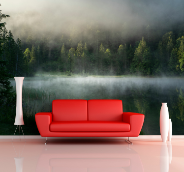 Papel pintado paisaje reflejo del bosque brumoso - TenVinilo