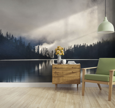 Papel pintado paisaje reflejo en el bosque brumoso - TenVinilo