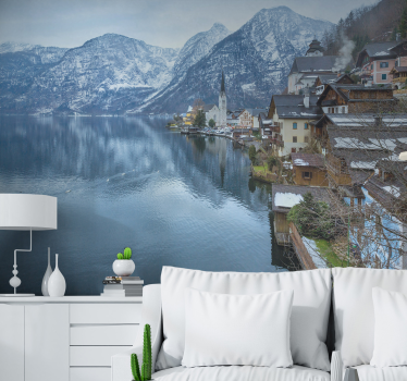 Papel pintado paisaje reflexiones de un pueblo de montaña - TenVinilo