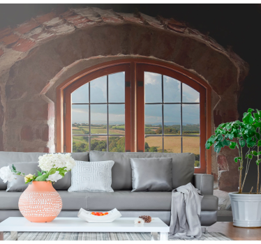 Papel pintado paisaje ventana de arco de piedra - TenVinilo