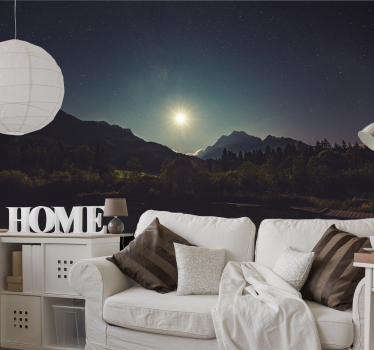 Papel pintado paisaje vista de montaña iluminada por la luna - TenVinilo