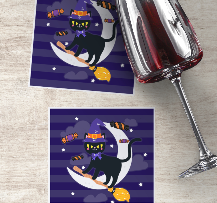 Posavasos halloween gato bruja en escoba - TenVinilo