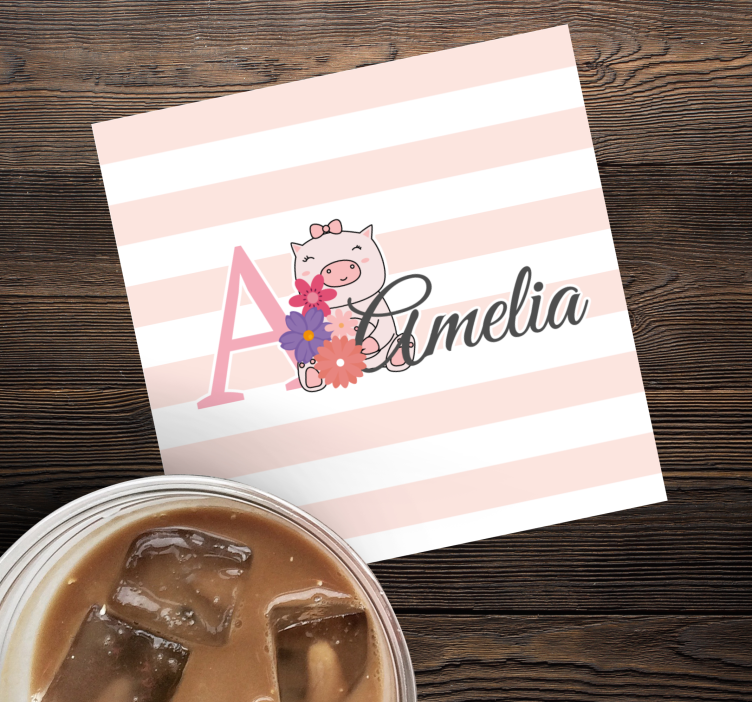 Posavasos personalizable cerdito juguetón con flores - TenVinilo