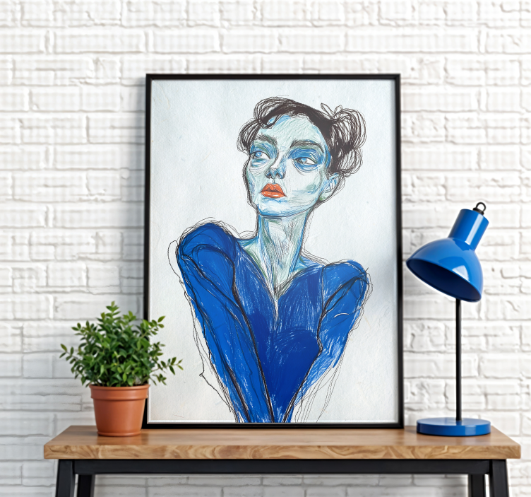 Poster dibujo artístico dama con traje azul - TenVinilo