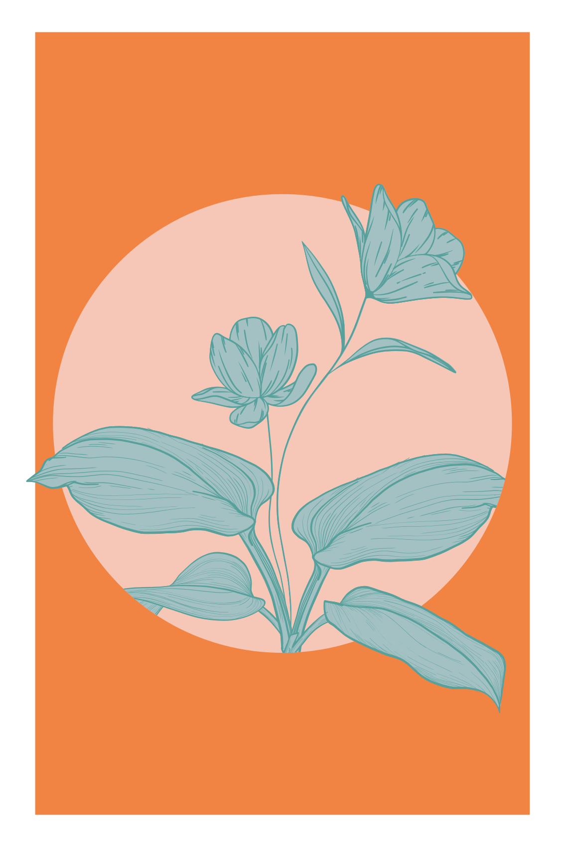 Poster para salón flores azules sobre formas naranjas - TenVinilo