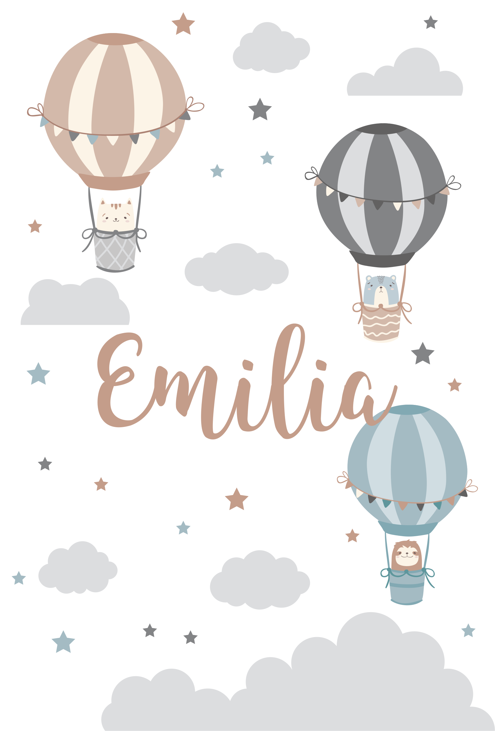Poster habitación infantil en tonos pastel con globos y nubes - TenVinilo
