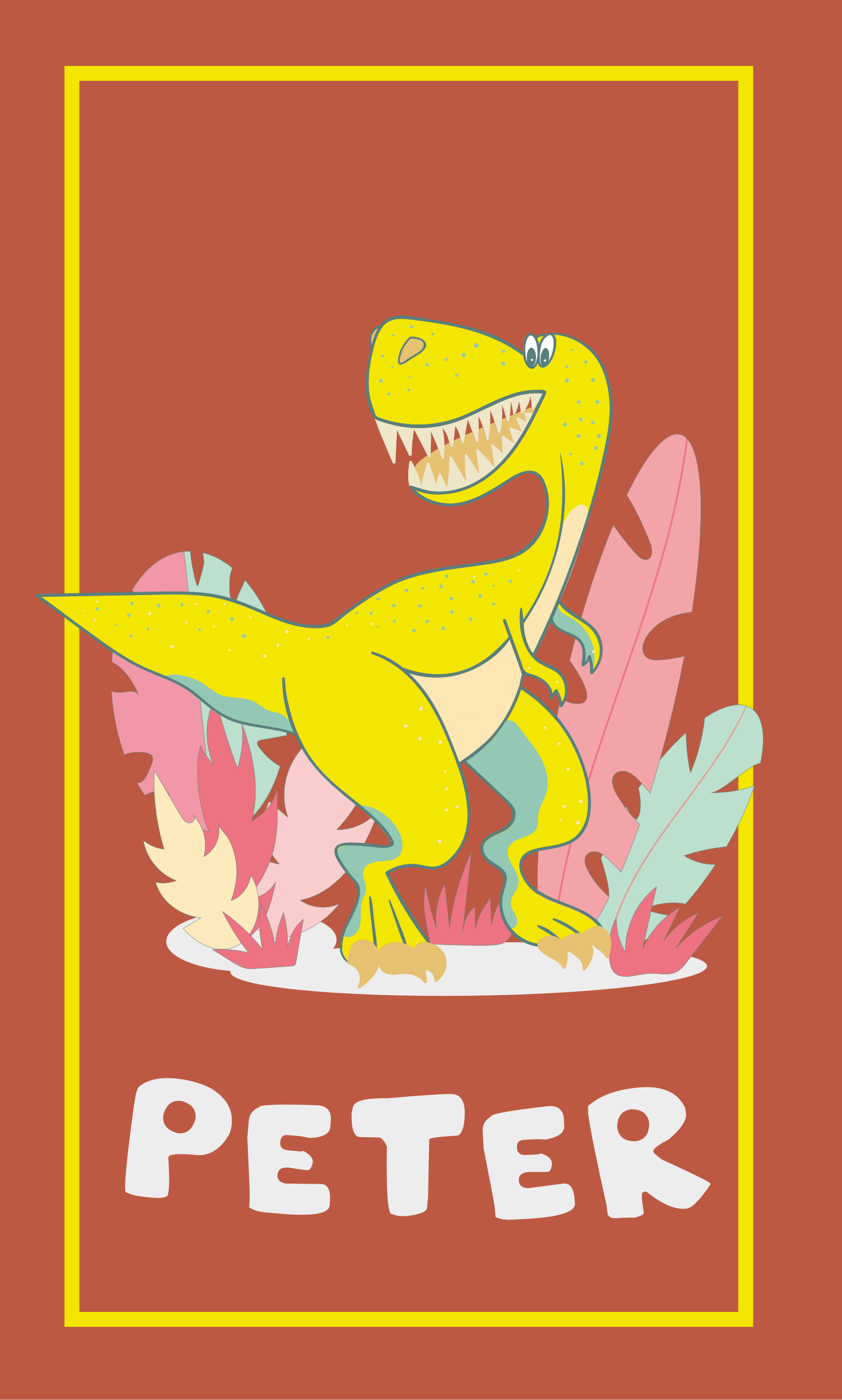 Poster habitación infantil dino amarillo con plantas - TenVinilo