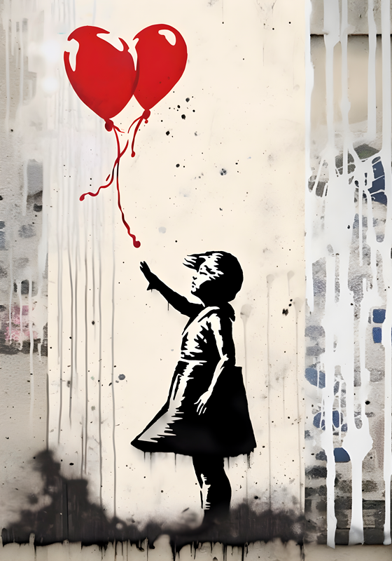 Poster arte pintura mural niña con globos - TenVinilo