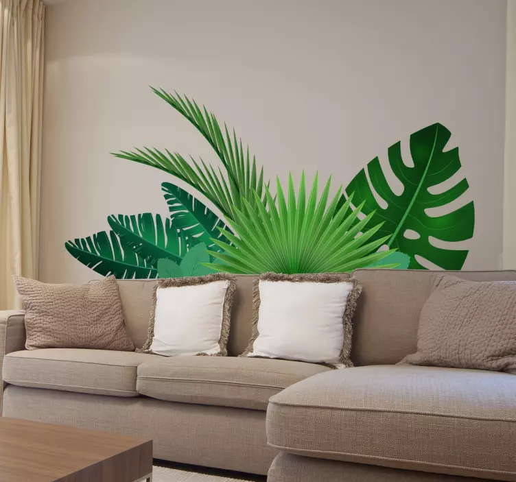 Vinilo pared salón planta hojas tropicales - TenVinilo