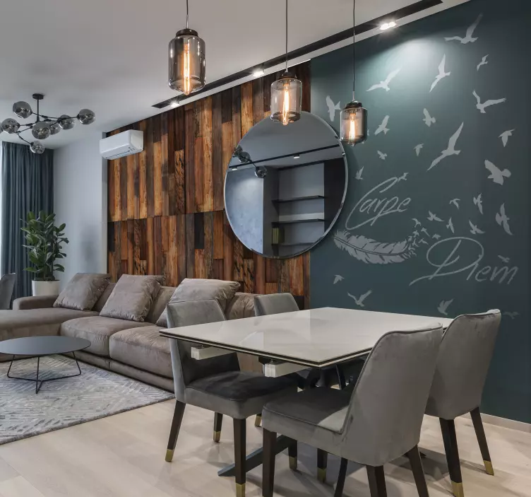 Vinilo decorativo salón carpe diem pluma y aves - TenVinilo