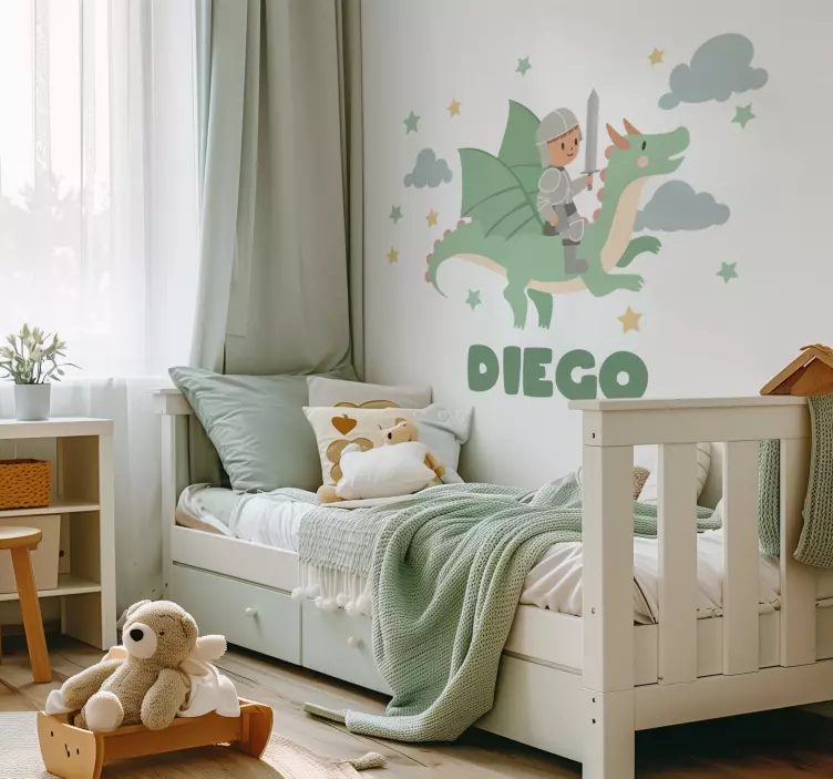 Vinilo infantil caballero en dragón con nombre - TenVinilo