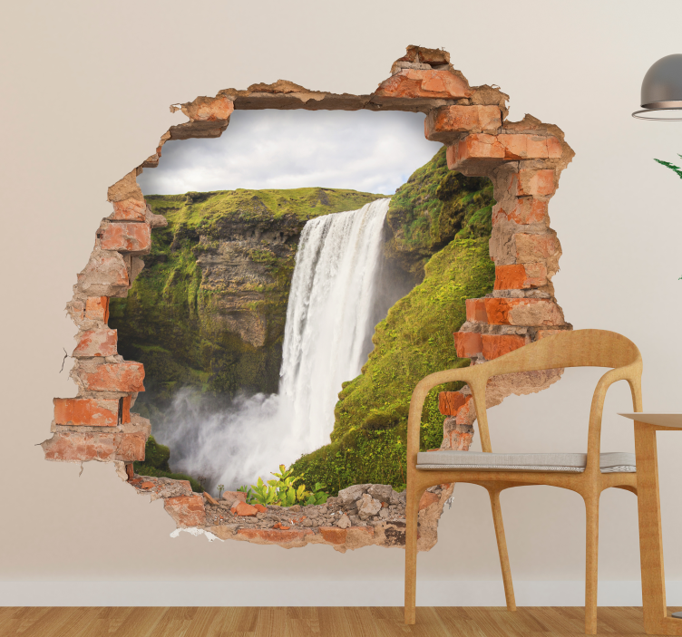 Vinilo pared salón 3D paisaje cascada - TenVinilo