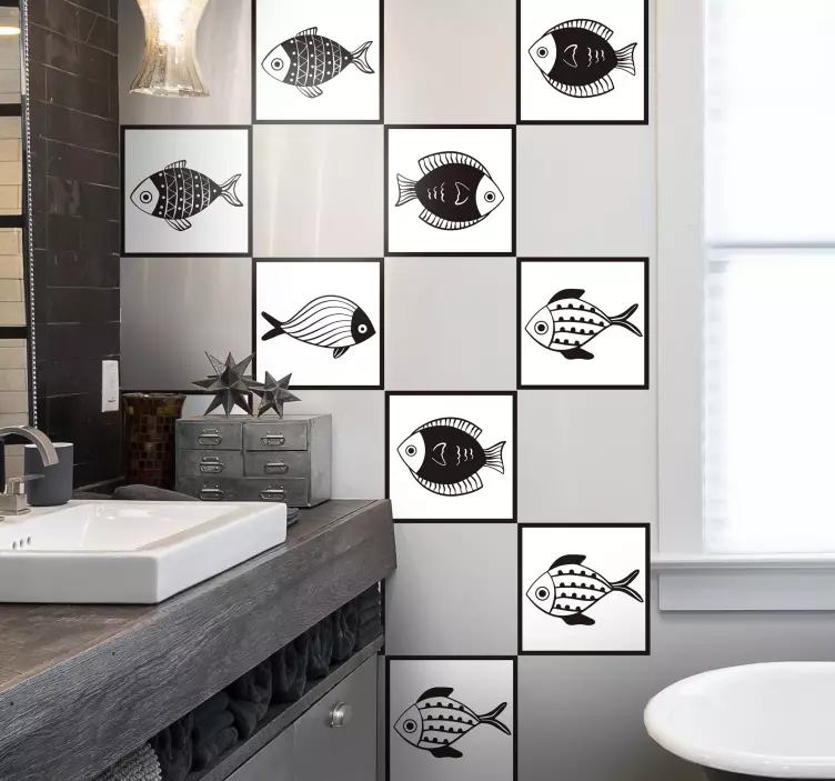 Azulejos adhesivos baño patrón de peces grises - TenVinilo