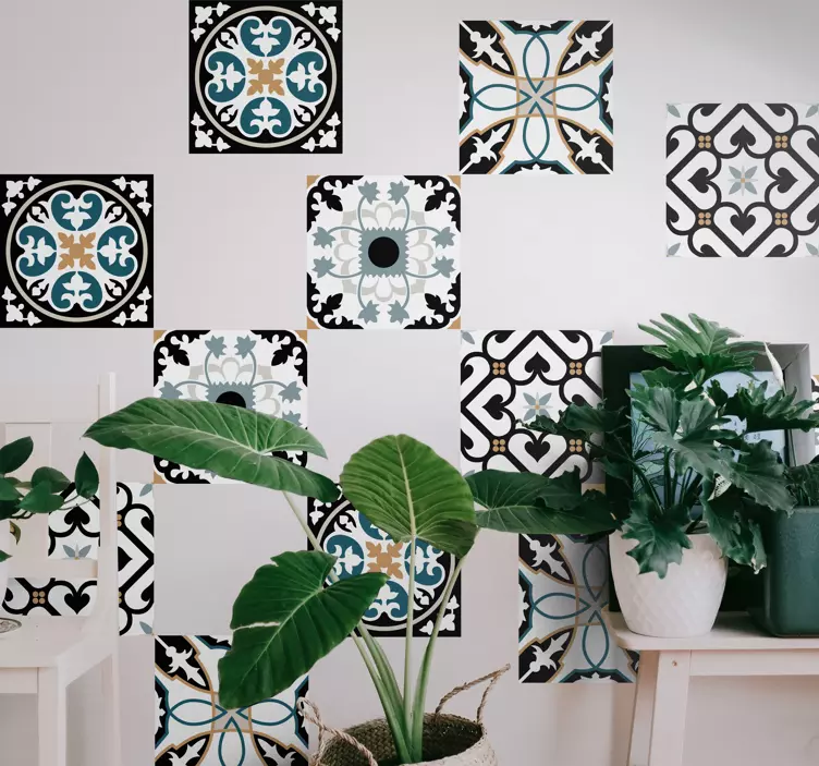 Azulejos adhesivos patrón portugués azul y negro - TenVinilo